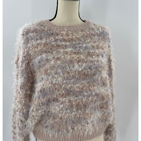 Anthropologie Raga Emberly Beige Pink Fuzzy Eyelash Crewneck Sweater M - Picture 2 of 11